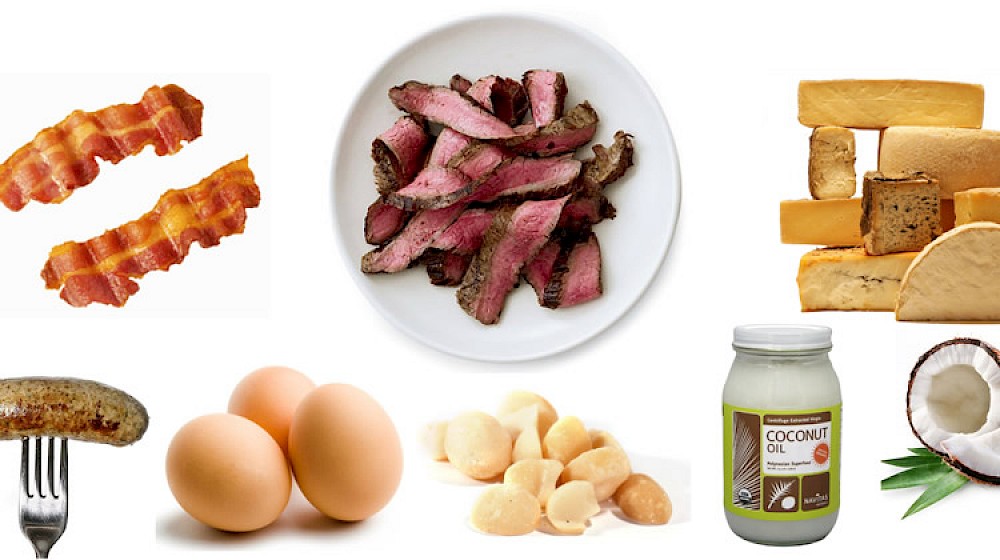Montage of sources of saturated fats: bacon, steak, cheese, sausage, eggs, nuts, coconut oil, and coconuts